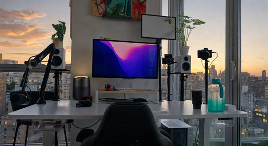 A modern home office setup with a white desk, dual computer monitors, speakers, cameras on tripods, plants, and a large window showing a city skyline at sunset